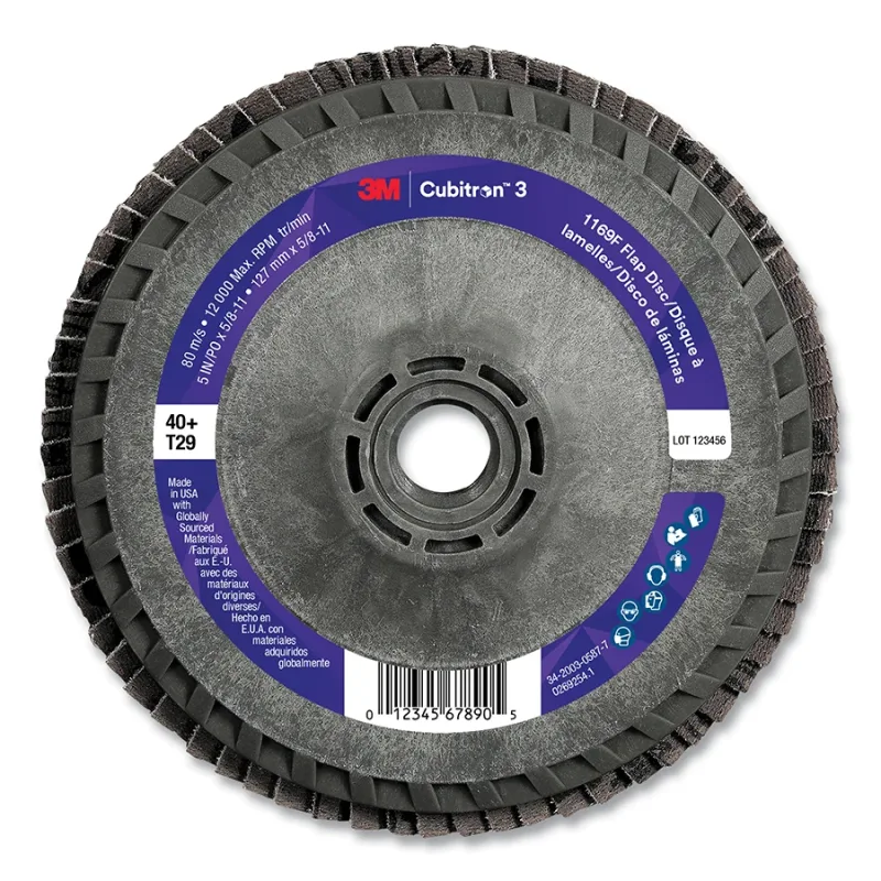 Cubitron™ 3 Flap Disc 1169F, 5 in dia x 5/8-11, T29 Conical Quick Change 40+, 12000 RPM