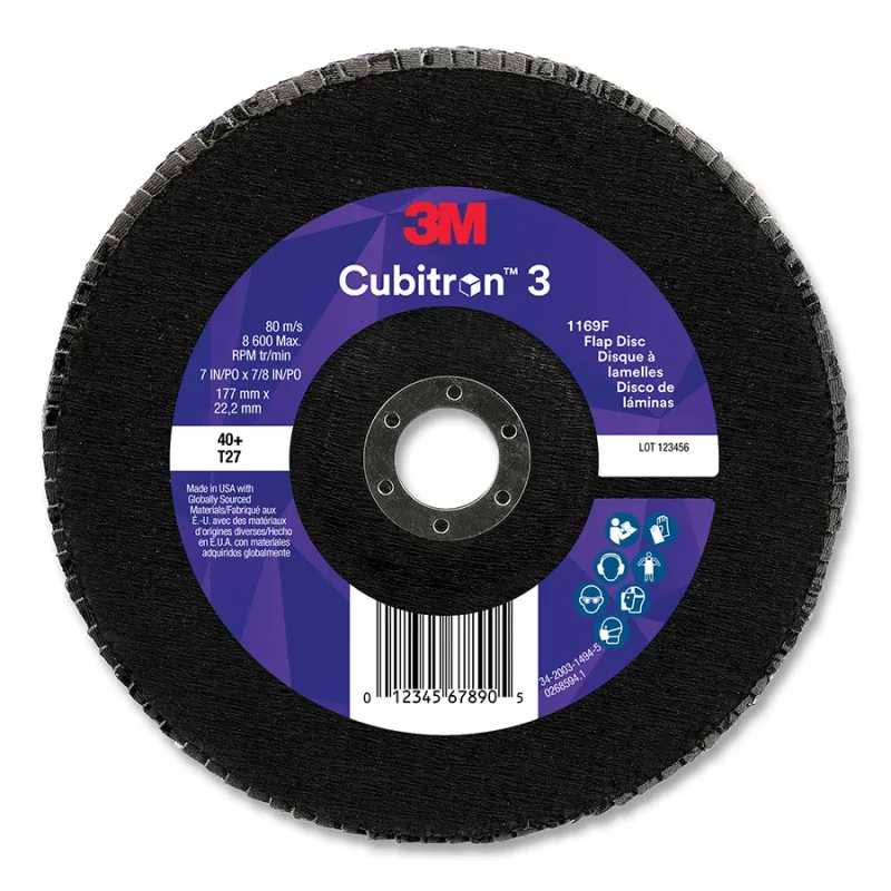 Cubitron™ 3 Flap Disc 1169F, 7 in dia x 7/8 in AH, T27 Flat Quick Change, 40+, 8600 RPM