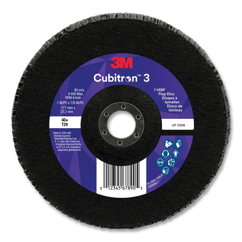 Cubitron™ 3 Flap Disc 1169F, 7 in dia x 7/8 in AH, T29 Conical, 40+, 8600 RPM