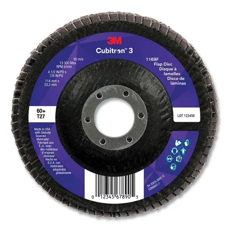 Cubitron™ 3 Flap Disc 1169F, 4-1/2 in dia x 7/8 in AH, T27 Flat, 60+, 13300 RPM