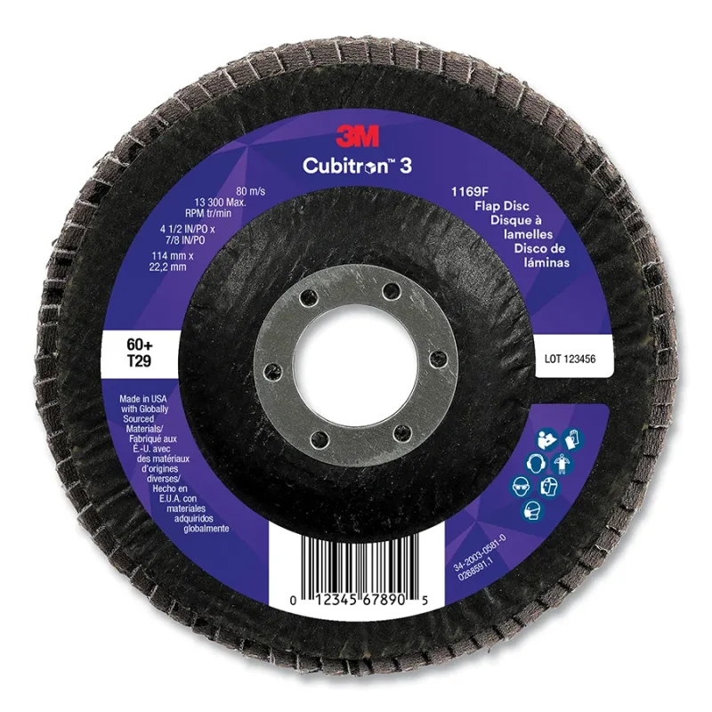 Cubitron™ 3 Flap Disc 1169F, 4-1/2 in dia x 7/8 in AH, T29 Conical, 60+, 13300 RPM