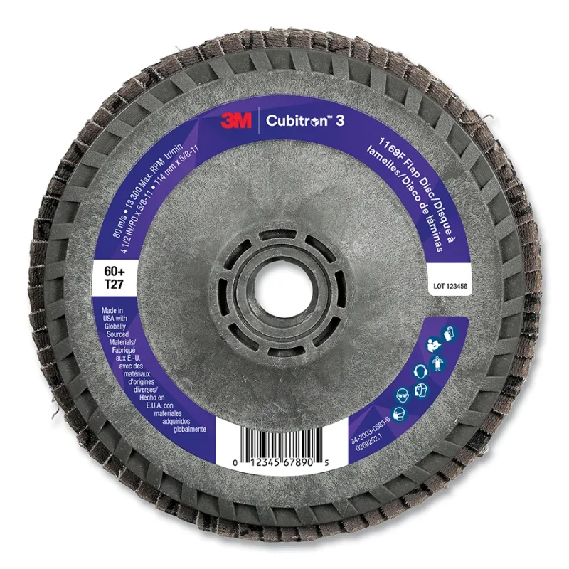 Cubitron™ 3 Flap Disc 1169F, 4-1/2 in dia x 5/8 in-11, T27 Flat Quick Change, 60+, 13300 RPM