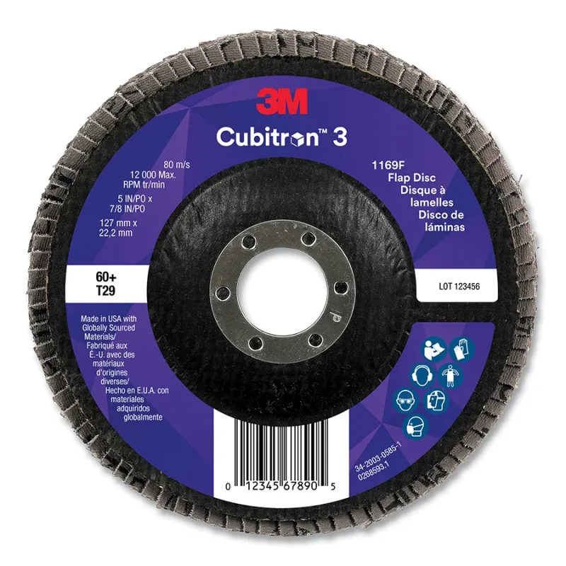 Cubitron™ 3 Flap Disc 1169F, 5 in dia x 7/8 in AH, T29 Conical, 60+, 12000 RPM