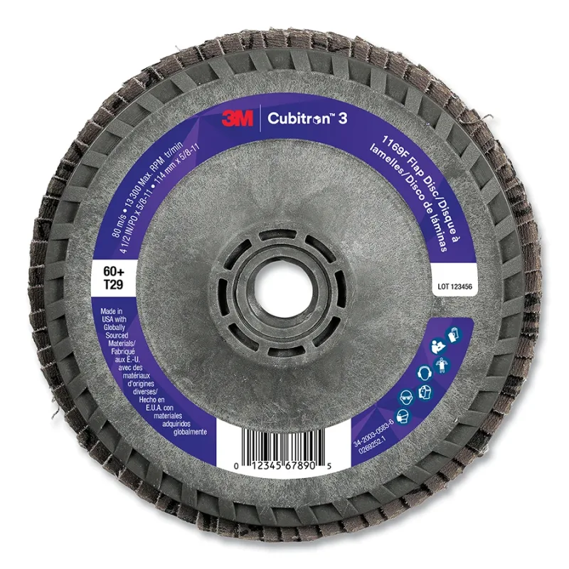 Cubitron™ 3 Flap Disc 1169F, 4-1/2 in dia x 5/8 in-11, T29 Conical Quick Change, 60+, 13300 RPM