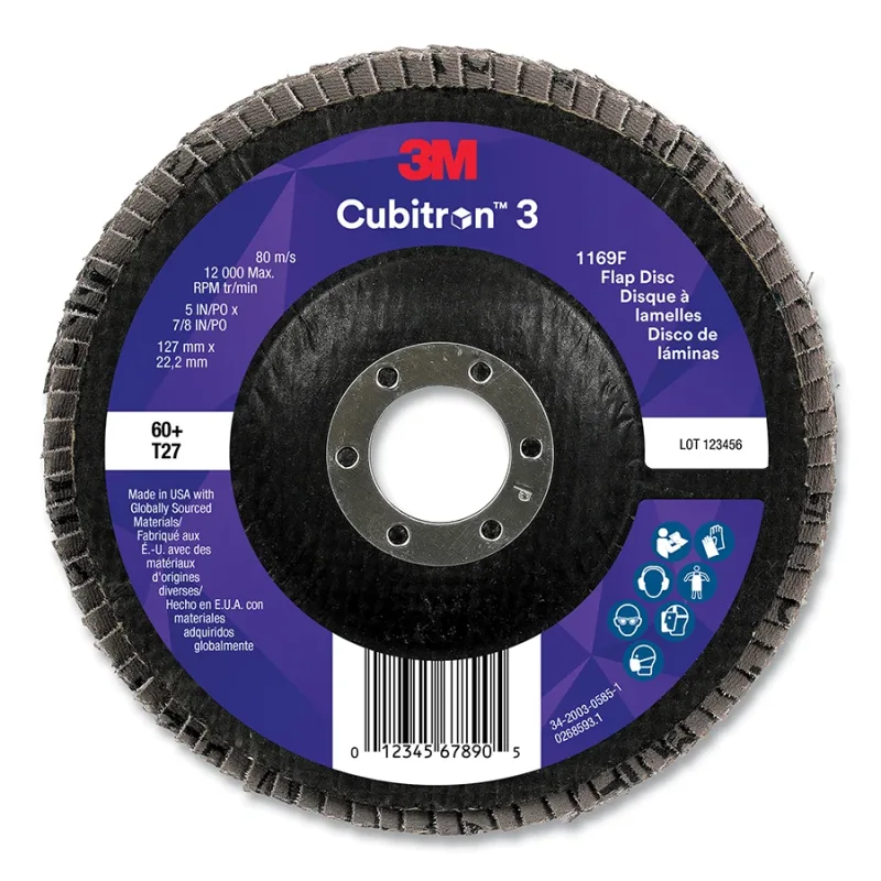 Cubitron™ 3 Flap Disc 1169F, 5 in dia x 7/8 in AH, T27 Flat, 60+, 12000 RPM