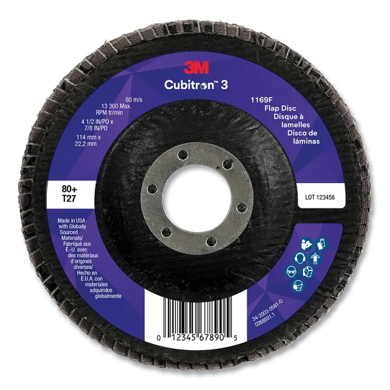 Cubitron™ 3 Flap Disc 1169F, 4-1/2 in dia x 7/8 in AH, T27 Flat, 80+, 13300 RPM