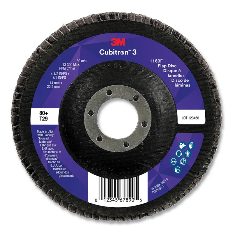 Cubitron™ 3 Flap Disc 1169F, 4-1/2 in dia x 7/8 in AH, T29 Conical, 80+, 13300 RPM