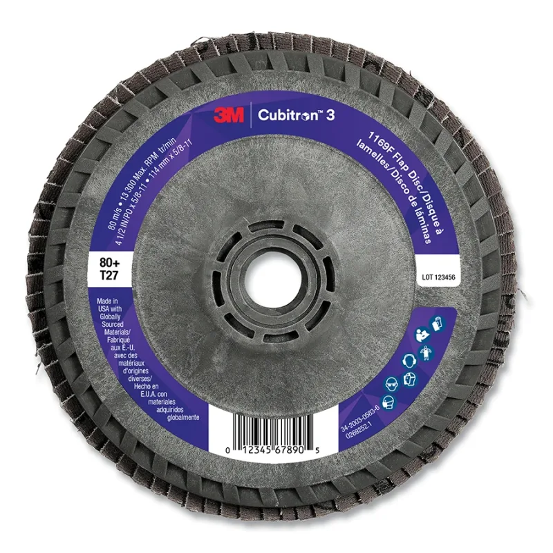 Cubitron™ 3 Flap Disc 1169F, 4-1/2 in dia x 5/8 in-11, T27 Flat Quick Change, 80+, 13300 RPM
