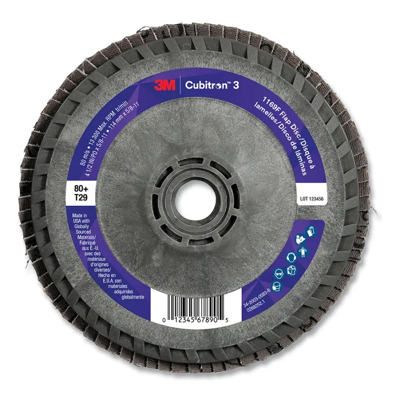 Cubitron™ 3 Flap Disc 1169F, 4-1/2 in dia x 5/8 in-11, T29 Conical Quick Change, 80+, 13300 RPM