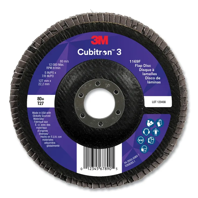 Cubitron™ 3 Flap Disc 1169F, 5 in dia x 7/8 in AH, T27 Flat, 80+, 12000 RPM