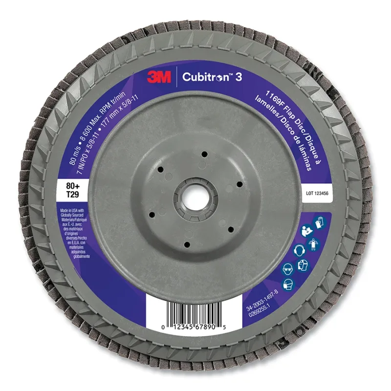 Cubitron™ 3 Flap Disc 1169F, 7 in dia x 5/8-11, T29 Conical Quick Change, 80+, 8600 RPM