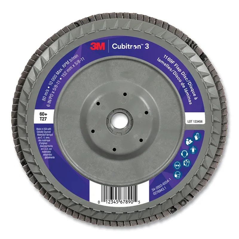 Cubitron™ 3 Flap Disc 1169F, 6 in dia x 5/8-11, T27 Flat Quick Change, 60+, 10000 RPM