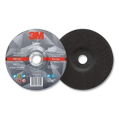 Silver Cut-Off Wheel, Precision Shaped Ceramic, T27, 6 in dia x 7/8 in dia Arbor x 0.045 in Thick, 36+, 10200 RPM, 25 EA/CT