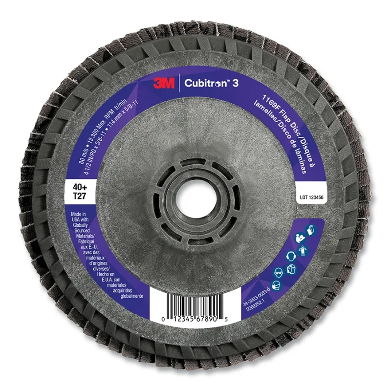 Cubitron™ 3 Flap Disc 1169F, 4-1/2 in dia x 5/8 in AH, T27 Flat Quick Change, 40+, 13300 RPM, Single Pack