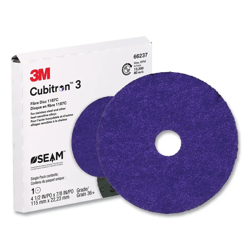 Cubitron™ 3 Fibre Disc 1187C, Precision Shaped Ceramic, 4.5 in dia, 0.875 in AH, 36+, Die 450E, 10 EA/CA