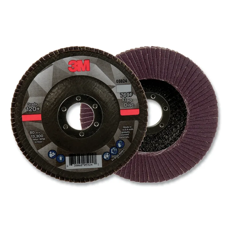 Flap Disc 769F, 4.5 in dia, 120+ Grit, 0.875 in arbor, 13300 RPM