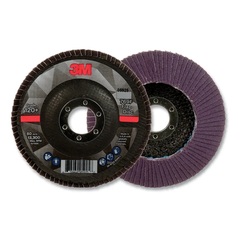 Flap Disc 769F, 4.5 in dia, 120+ Grit, 0.875 in arbor, 13300 RPM