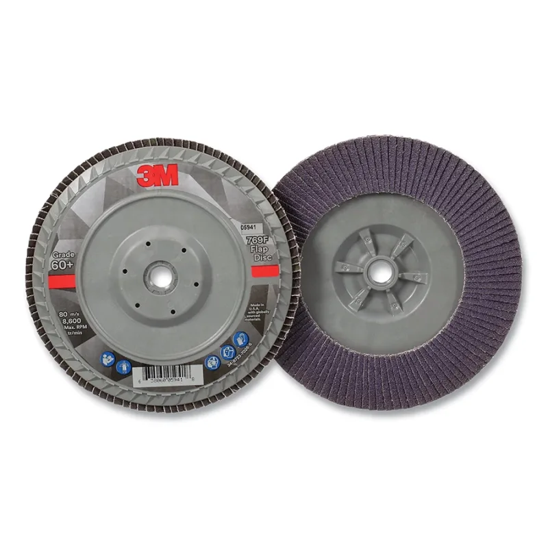 Flap Disc 769F, 7 in dia, 60+ Grit, 5/8 in-11 arbor, 8600 RPM