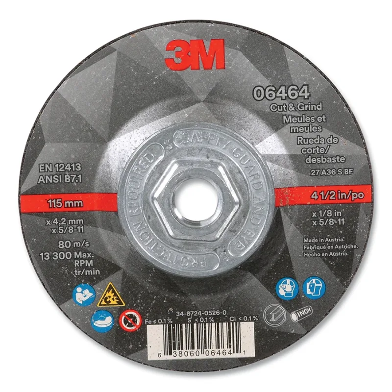Cut and Grind Wheel, 4.5 in dia, 0.125 in thick, 5/8 in-11 arbor, 36+ Grit, Precision Shaped Ceramic