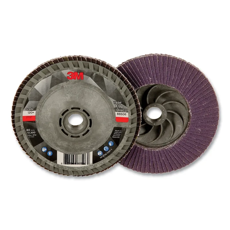 Flap Disc 769F, 4.5 in dia, 120+ Grit, 5/8 in-11 arbor, 13300 RPM