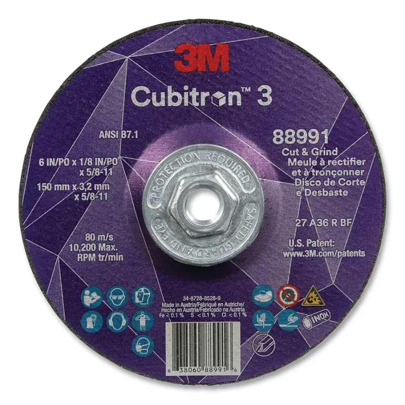 Cubitron™ 3 Cut and Grind Wheel, 6 in dia x 1/8 in Thick x 5/8 in-11 Arbor, 36+ Grit, T27