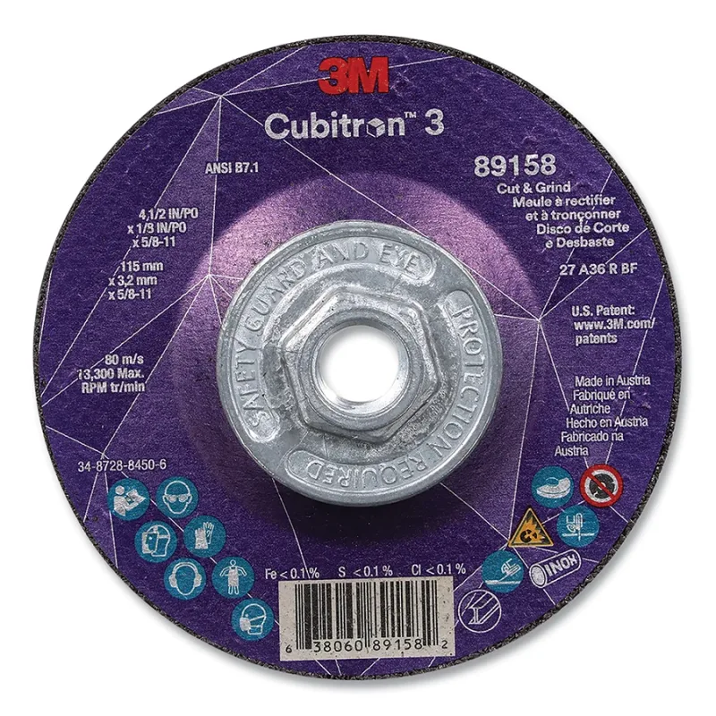 Cubitron™ 3 Cut and Grind Wheel, 4-1/2 in dia x 1/8 in Thick x 5/8 in-11 Arbor, 36+ Grit, T27