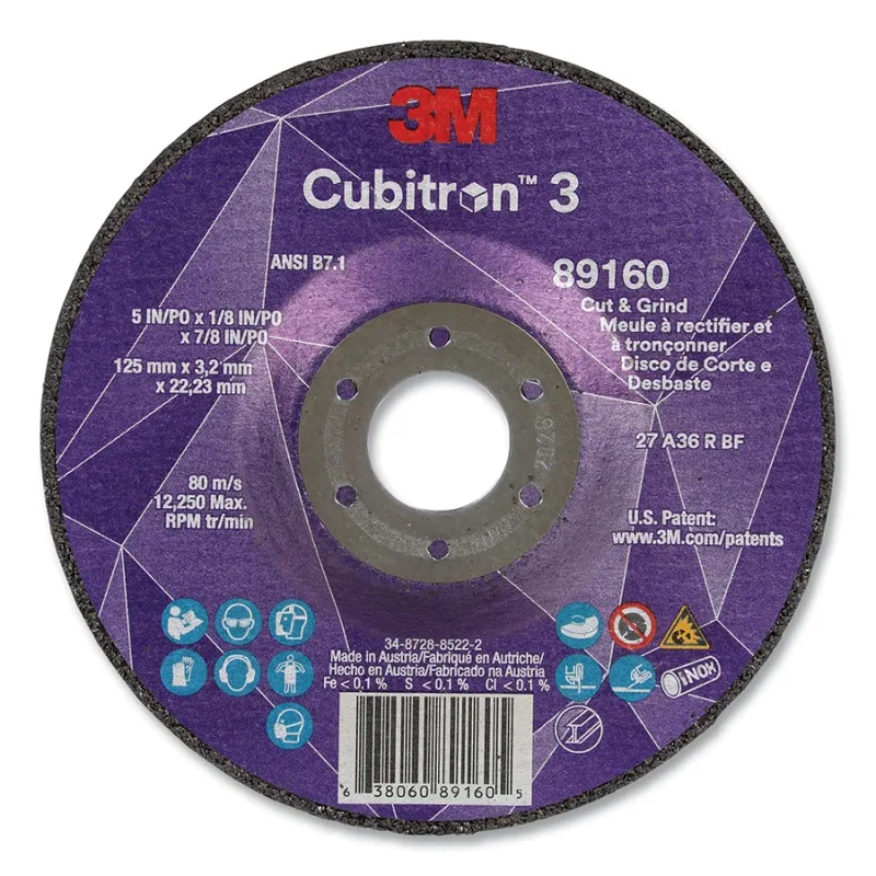 Cubitron™ 3 Cut and Grind Wheel, 5 in dia x 1/8 in Thick x 7/8 in Arbor, 36+ Grit, T27