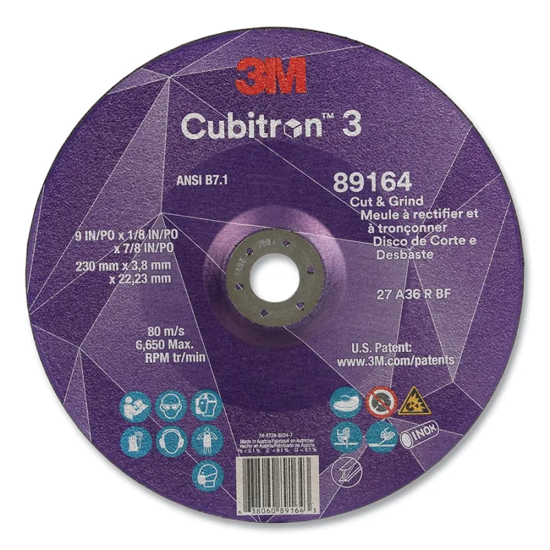 Cubitron™ 3 Cut and Grind Wheel, 9 in dia x 1/8 in Thick x 7/8 in Arbor, 36+ Grit, T27