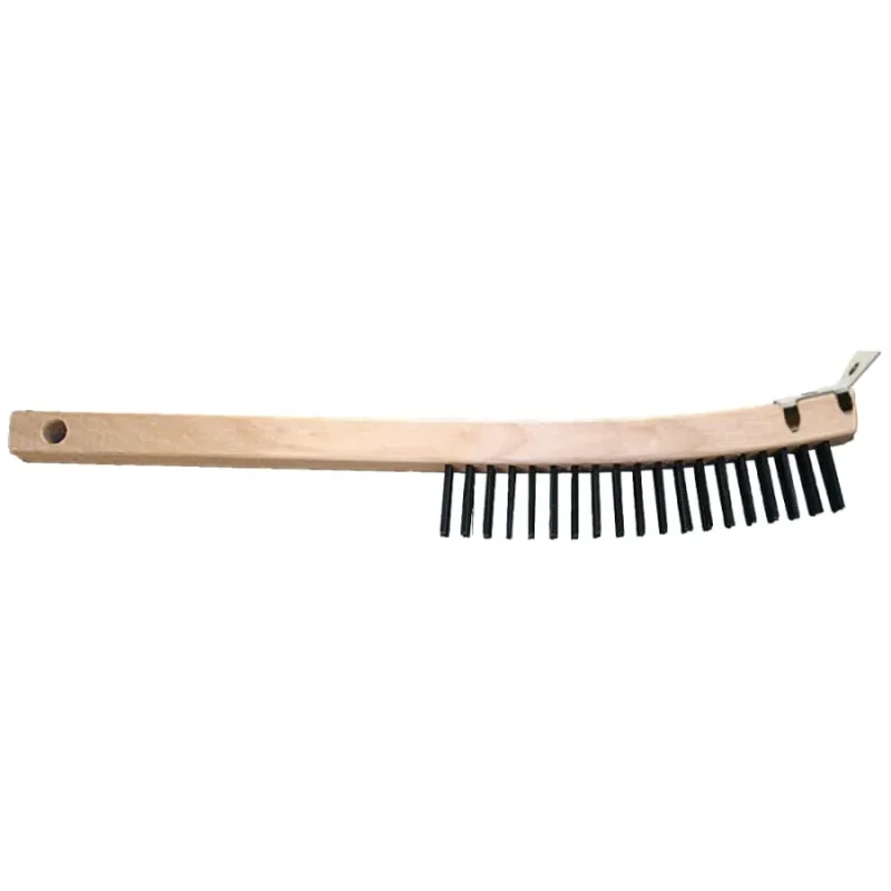 Curved Handle Scratch Brushes, 13 3/4", 3X19 Rows, Carbon Stl Wire, Wood Handle