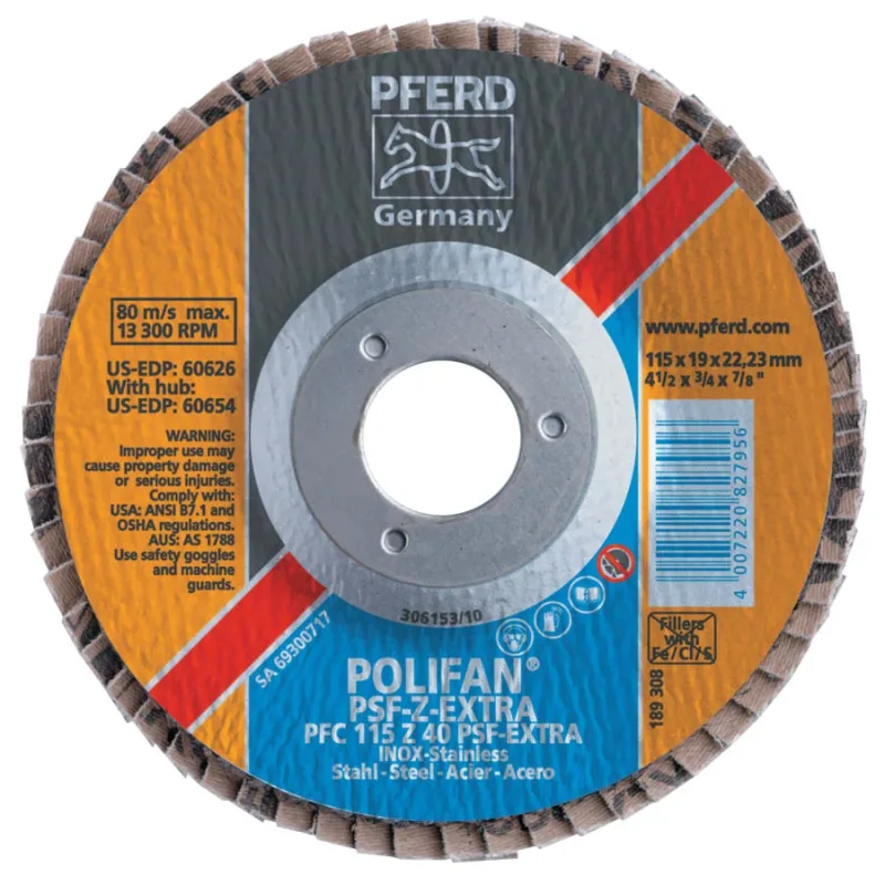 POLIFAN® PSF-EXTRA Flap Disc, 4-1/2 in dia, 36 Grit, 7/8 in Arbor, 13300 RPM