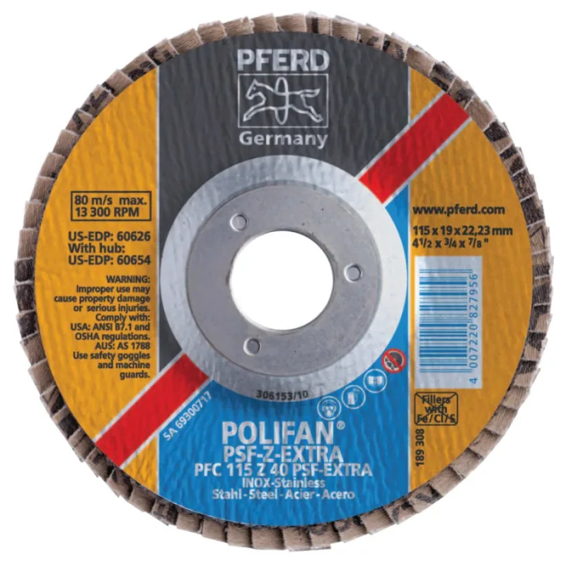 POLIFAN® PSF-EXTRA Flap Disc, 4-1/2 in dia, 40 Grit, 7/8 in Arbor, 13300 RPM