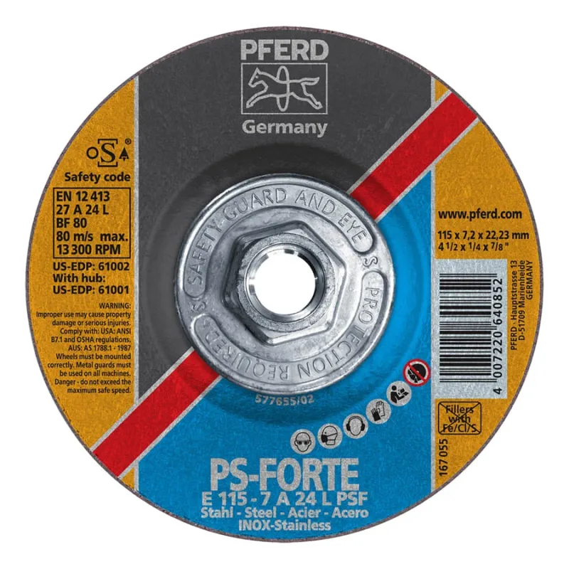 Type 27 General Purpose PSF-INOX Depressed Center Wheel, Aluminum Oxide, 4-1/2 in dia, 1/4 in Thick, 5/8 in Arbor, 24 Grit