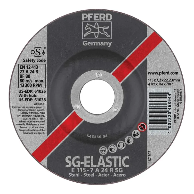 SG Depressed Center Grinding Wheel, 4-1/2 dia, 1/4 Thick, 7/8 Arbor, Alum Oxide