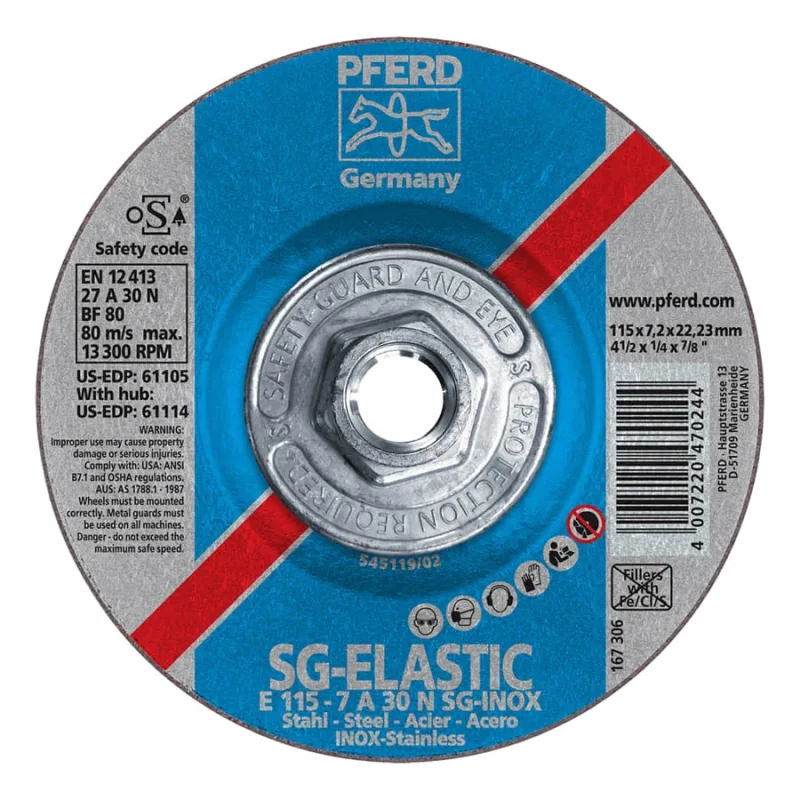 Premium Performance SG-INOX Wheel, Type 27, 4-1/2 in dia, 1/4 Thick, 5/8 in-11 Arbor, 30 Grit, Aluminum Oxide