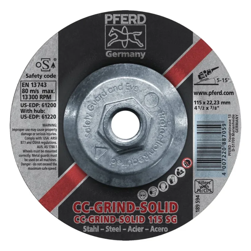 CC-GRIND®-SOLID Steel Grinding Disc, Ceramic, 4-1/2 in dia, 5/8 in Arbor, 24 Grit