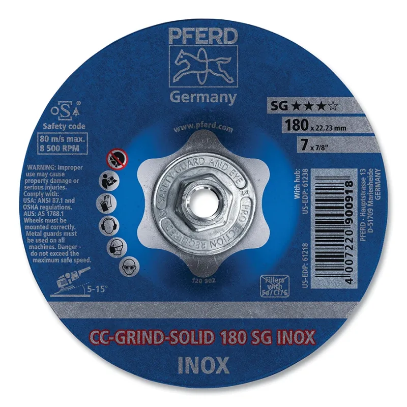 CC-GRIND®-SOLID Stainless-Steel (INOX) Grinding Wheel, 7 in dia x 5/8 in-11 Threaded Arbor, 24 Grit