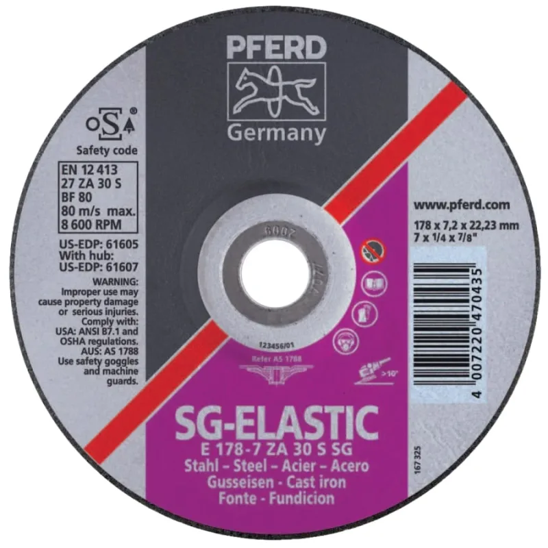 SG Depressed Center Grinding Wheel, 7 in dia, 1/4 Thick, 7/8 Arbor, 30 Grit Alum.