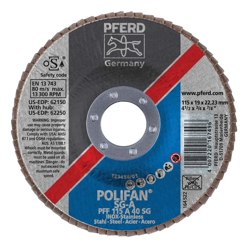 Type 27 POLIFAN® SG Flap Disc, 4-1/2 in dia, 40 Grit, 7/8 arbor, 13000 RPM
