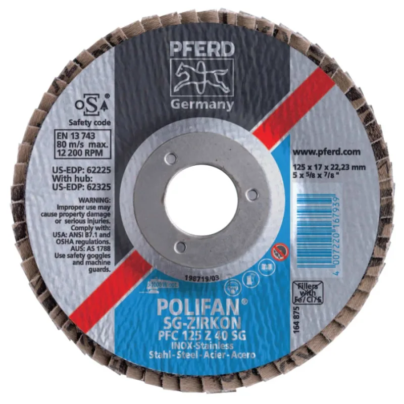 Type 27 POLIFAN® SG Flap Discs, 5 in, 40 Grit, 7/8 Arbor, 12,200 rpm, Zirconia