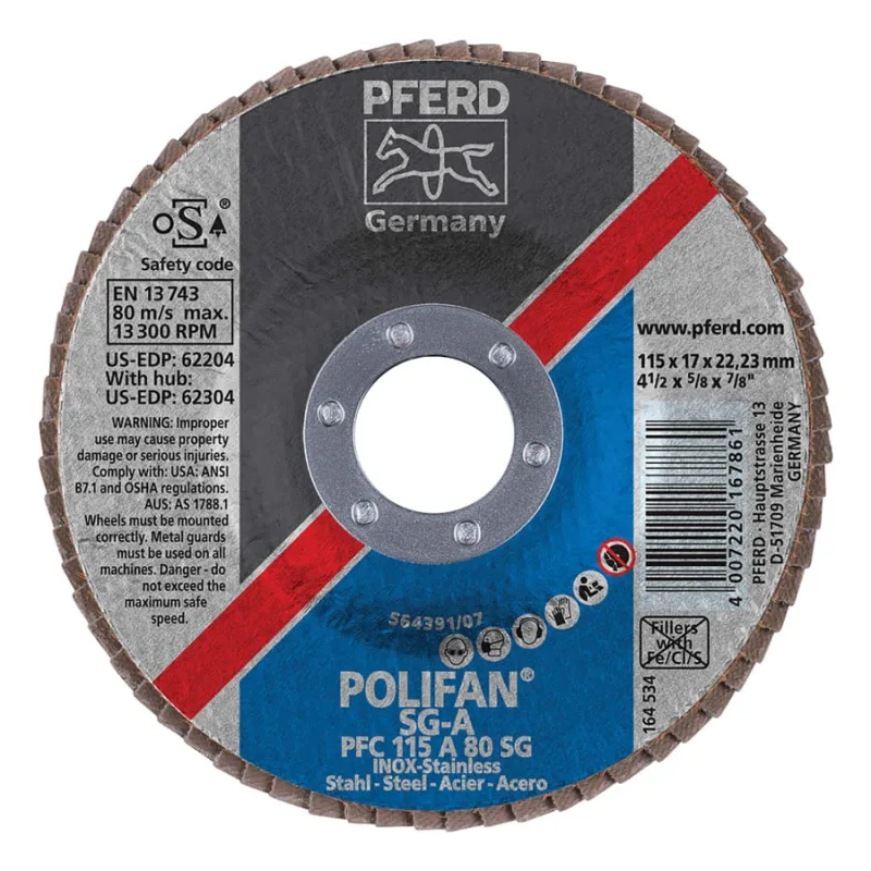 POLIFAN® Type 29 SG Flap Disc, 4-1/2 in dia, 80 Grit, 7/8 in Arbor dia, 13300 RPM, Aluminum Oxide A