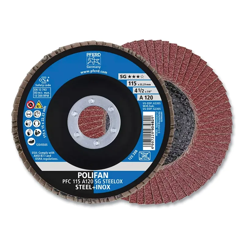 POLIFAN® Type 29 SG Flap Disc, 4-1/2 in dia, 120 Grit, 7/8 in Arbor dia, 13300 RPM, Aluminum Oxide A