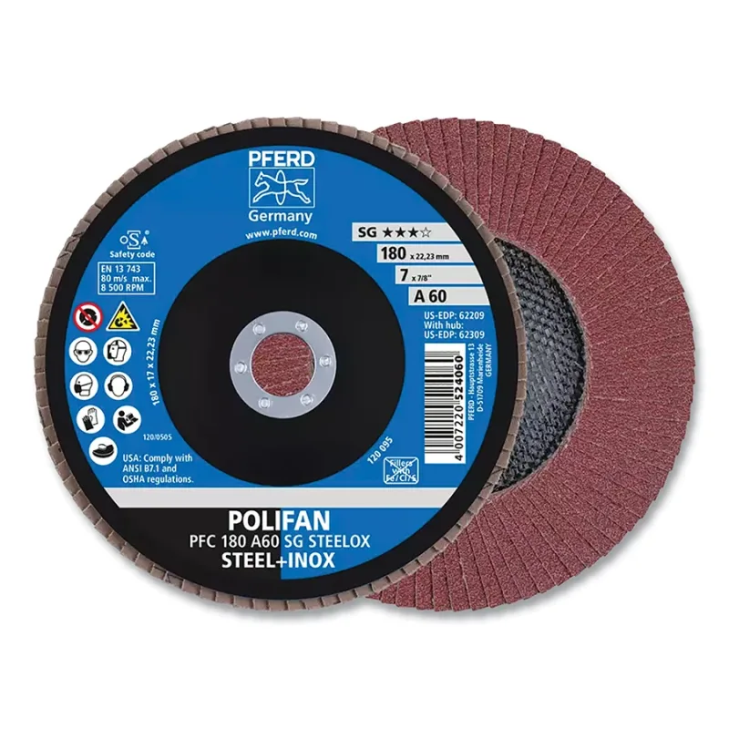 POLIFAN® Type 29 SG Flap Disc, 7 in dia, 60 Grit, 7/8 in Arbor dia, 8500 RPM, Aluminum Oxide A