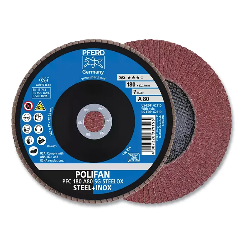 POLIFAN® Type 29 SG Flap Disc, 7 in dia, 80 Grit, 7/8 in Arbor dia, 8500 RPM, Aluminum Oxide A