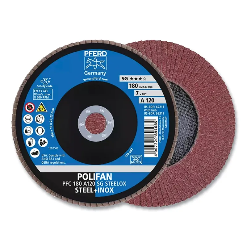 POLIFAN® Type 29 SG Flap Disc, 7 in dia, 120 Grit, 7/8 in Arbor dia, 8500 RPM, Aluminum Oxide A