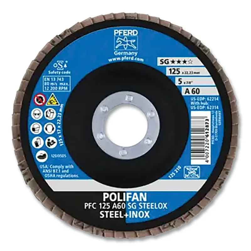 POLIFAN® Type 29 SG Flap Disc, 5 in dia, 60 Grit, 7/8 in Arbor dia, 12200 RPM, Aluminum Oxide A