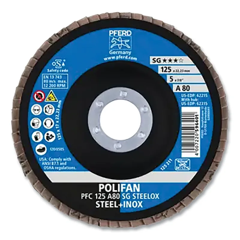 POLIFAN® Type 29 SG Flap Disc, 5 in dia, 80 Grit, 7/8 in Arbor dia, 12200 RPM, Aluminum Oxide A