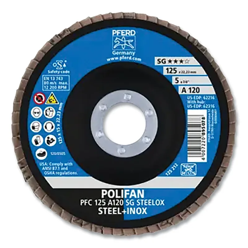 POLIFAN® Type 29 SG Flap Disc, 5 in dia, 120 Grit, 7/8 in Arbor dia, 12200 RPM, Aluminum Oxide A