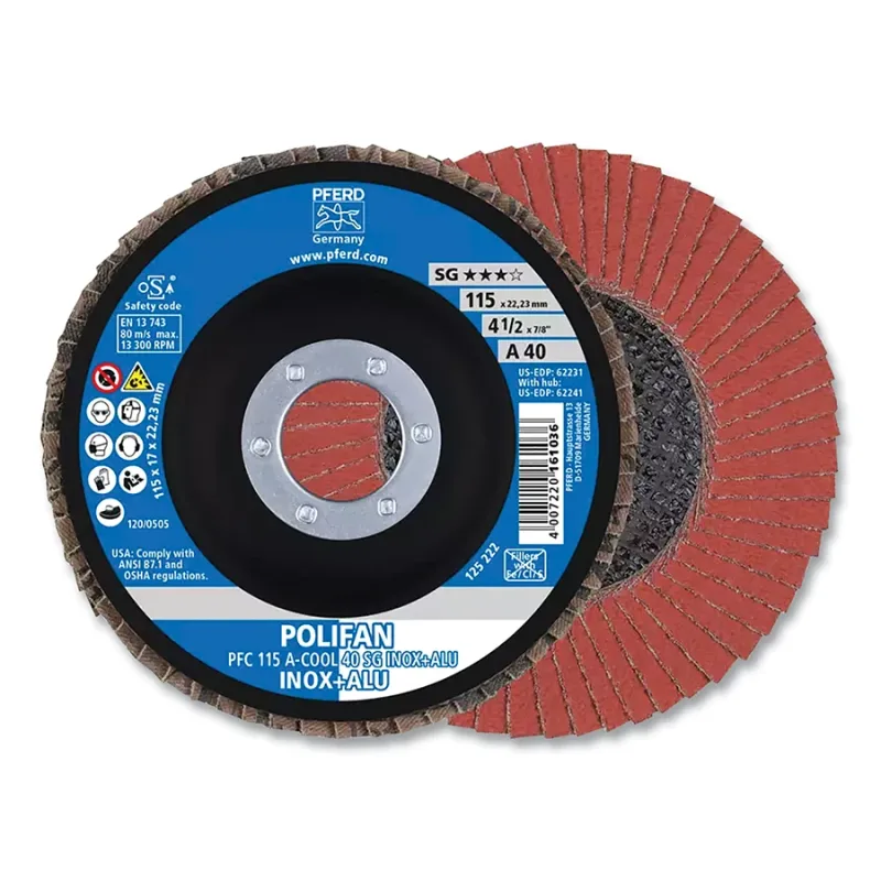 POLIFAN® Type 29 SG Flap Disc, 4-1/2 in dia, 24 Grit, 7/8 in Arbor dia, 13300 RPM, Zirconia Alumina Z