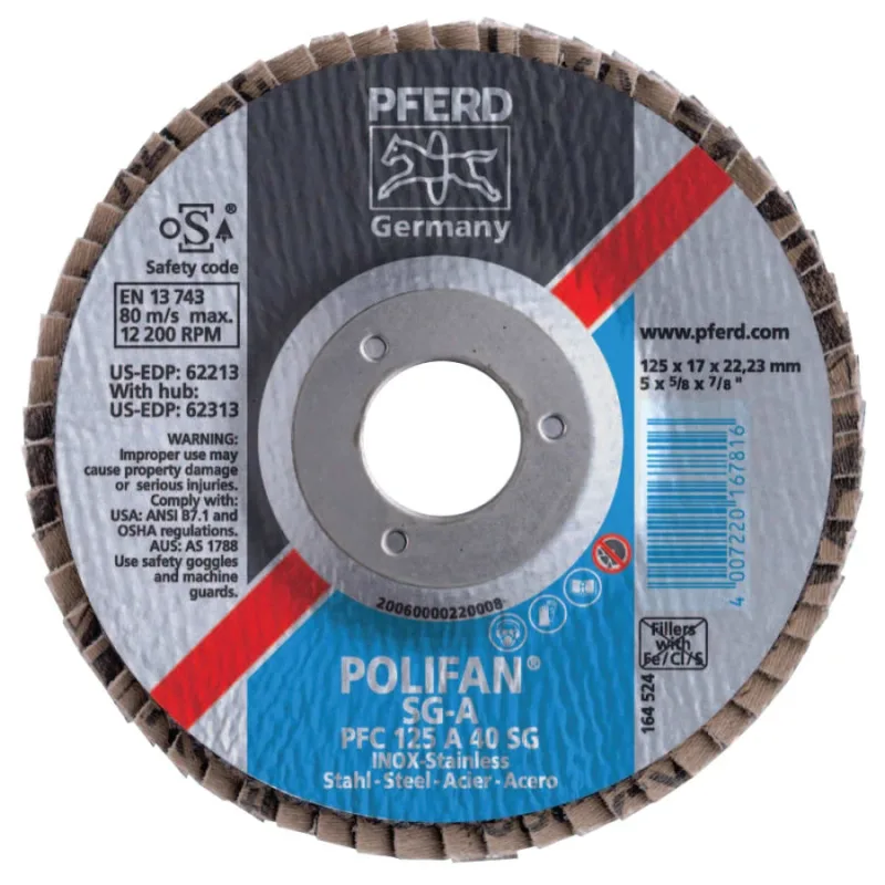 POLIFAN® Type 29 SG Flap Disc, 4-1/2 in dia, 60 Grit, 7/8 in Arbor dia, 13300 RPM, Zirconia Alumina Z