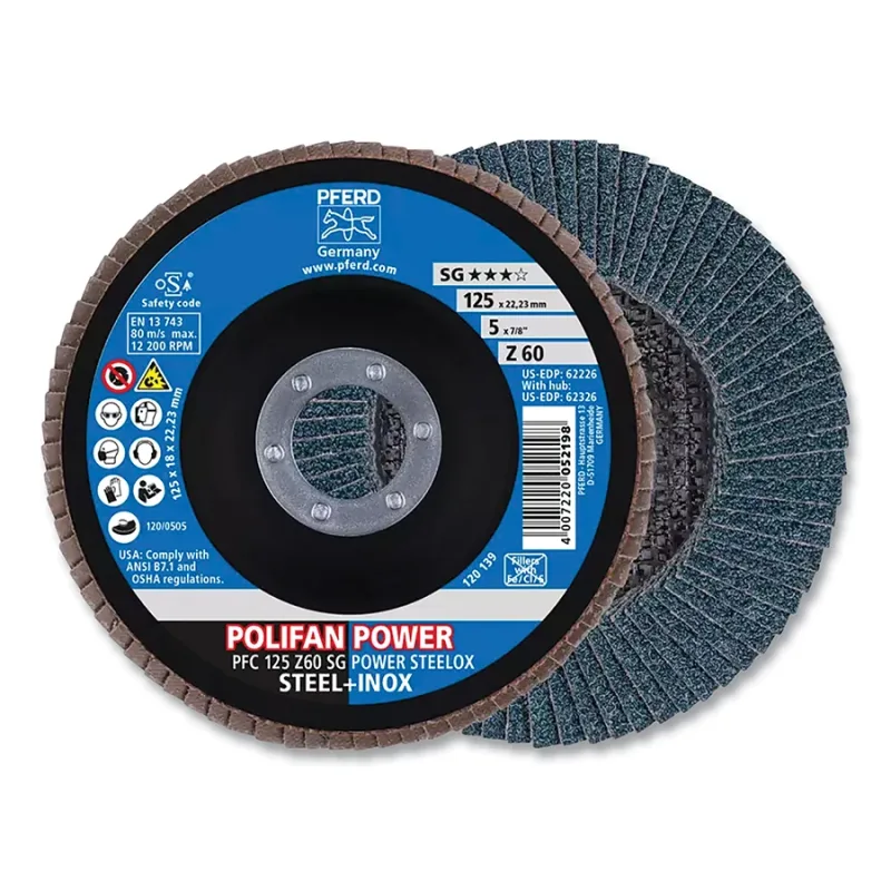 POLIFAN® Type 29 SG Flap Disc, 5 in dia, 60 Grit, 7/8 in Arbor dia, 12200 RPM, Zirconia Alumina Z